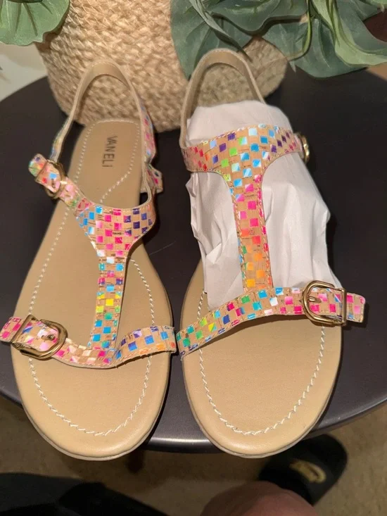 Van Eli Multicolor Mosaic T‑Strap Sandals - Beige/Multicolor Size 11 M - Picture 2 of 11